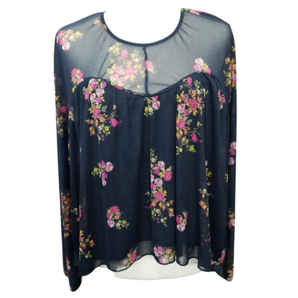 Indigo Rein Flowy Babydoll Top with Sweetheart Neckline Blue Floral Size Large